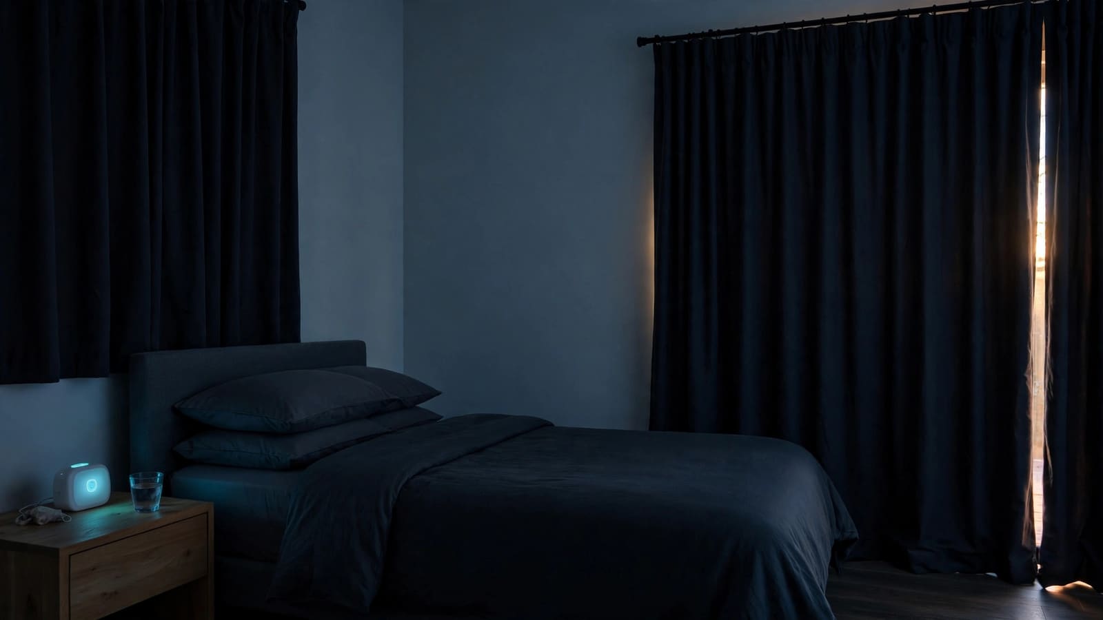 A bedroom optimized for daytime sleep with blackout curtains drawn shut and a white noise machine on the nightstand