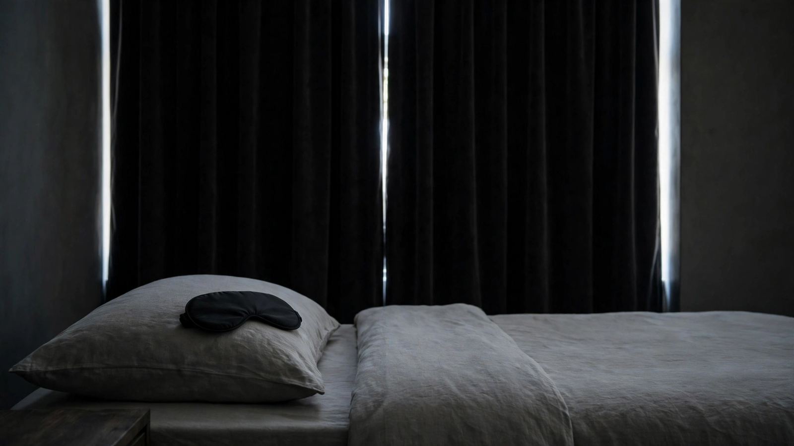 A dark daytime bedroom with blackout curtains drawn and a black sleep mask resting on a pillow