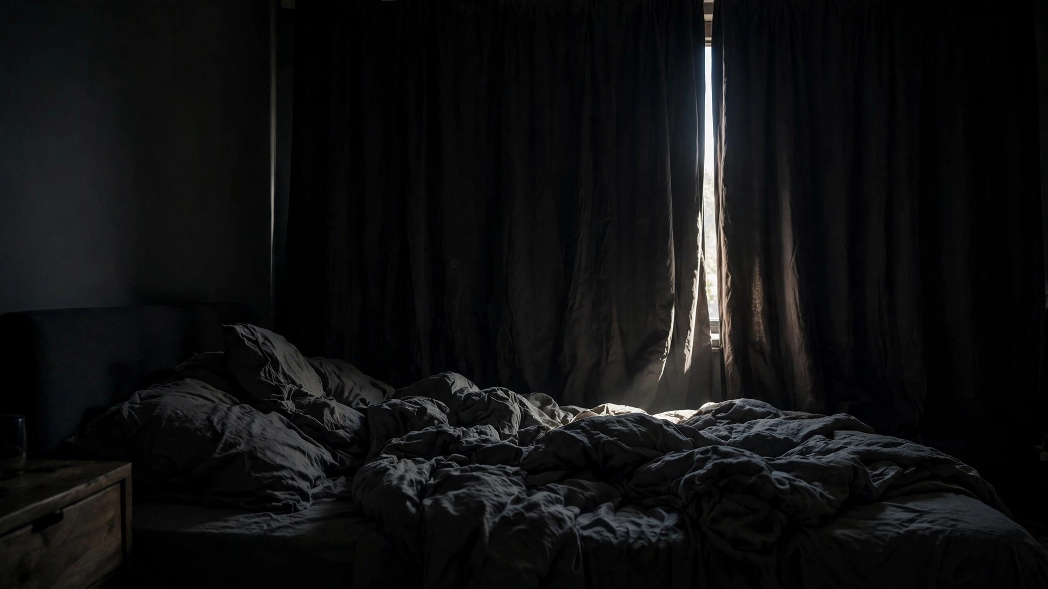Thick blackout curtains drawn shut in a dark bedroom, one thin line of daylight at the edge