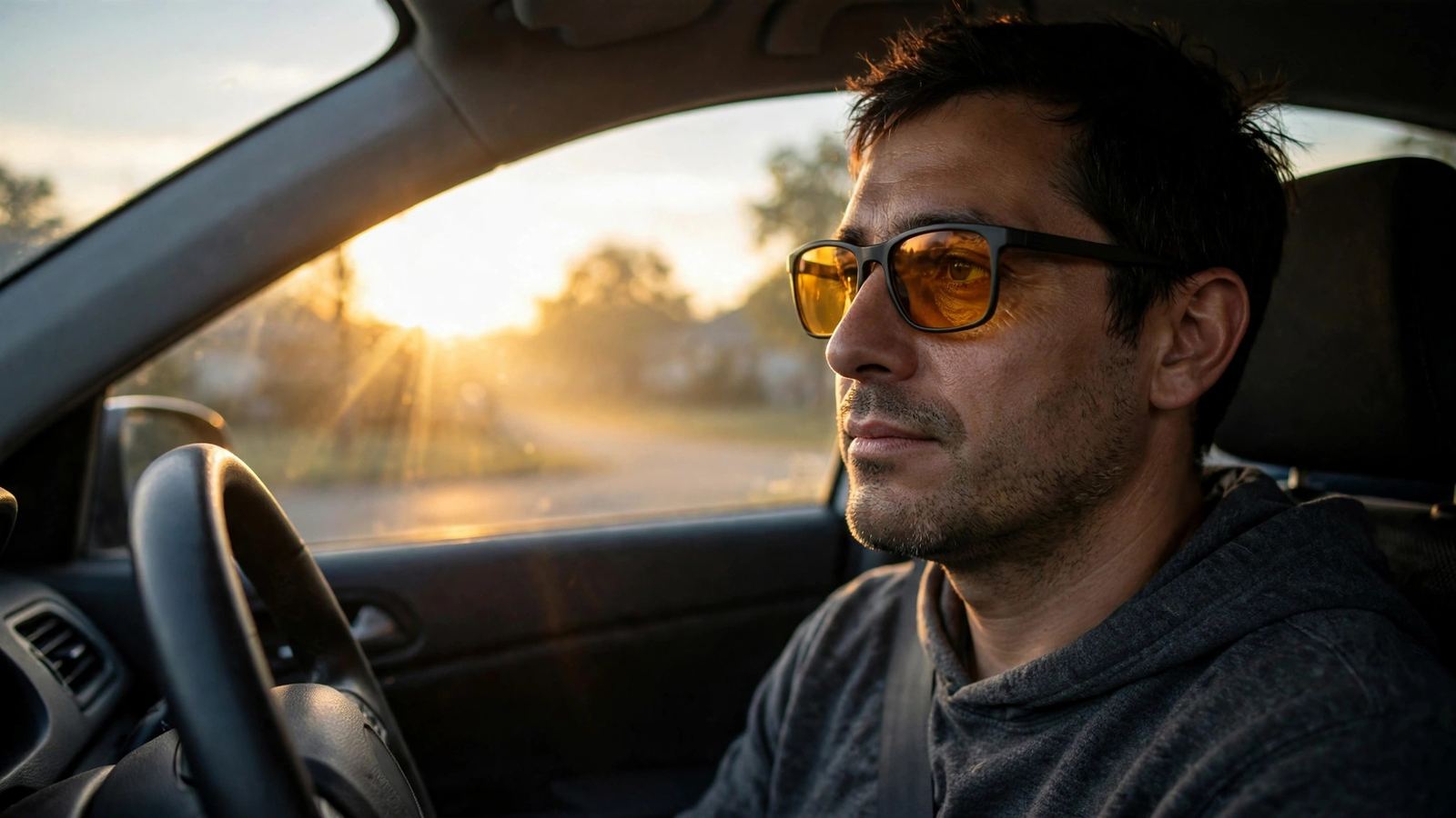A night shift worker driving home at dawn wearing amber blue light blocking glasses