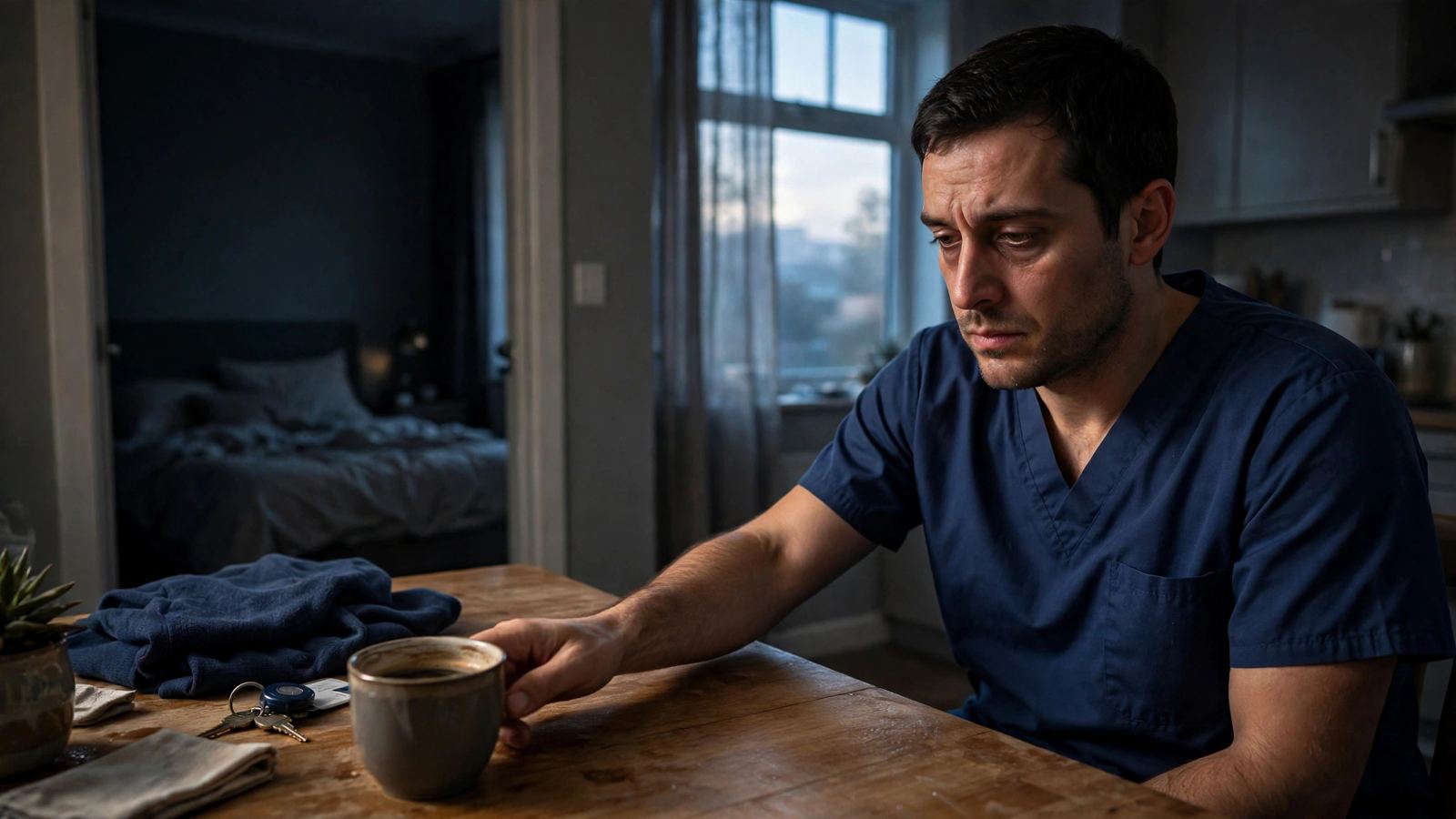 A tired night shift worker in scrubs sitting at a kitchen table at dawn with an untouched cup of coffee and a dark bedroom behind him