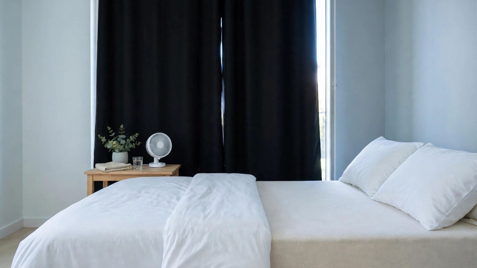 A bed with white cotton bedding in a cool daytime bedroom with blackout curtains closed and a small fan on the nightstand