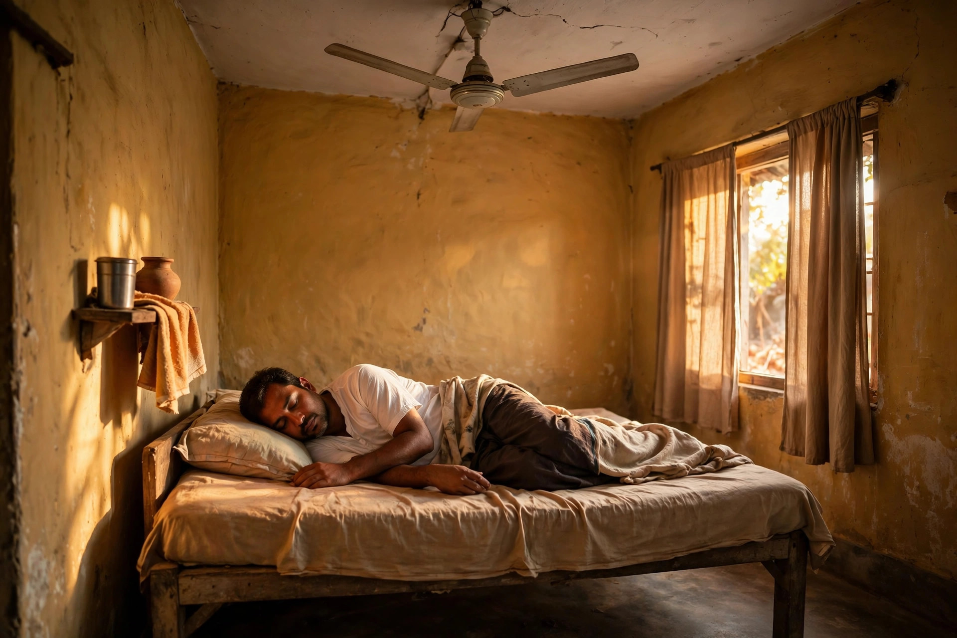 Din ki garmi mein pankhe ke neeche din mein sota hua shift worker
