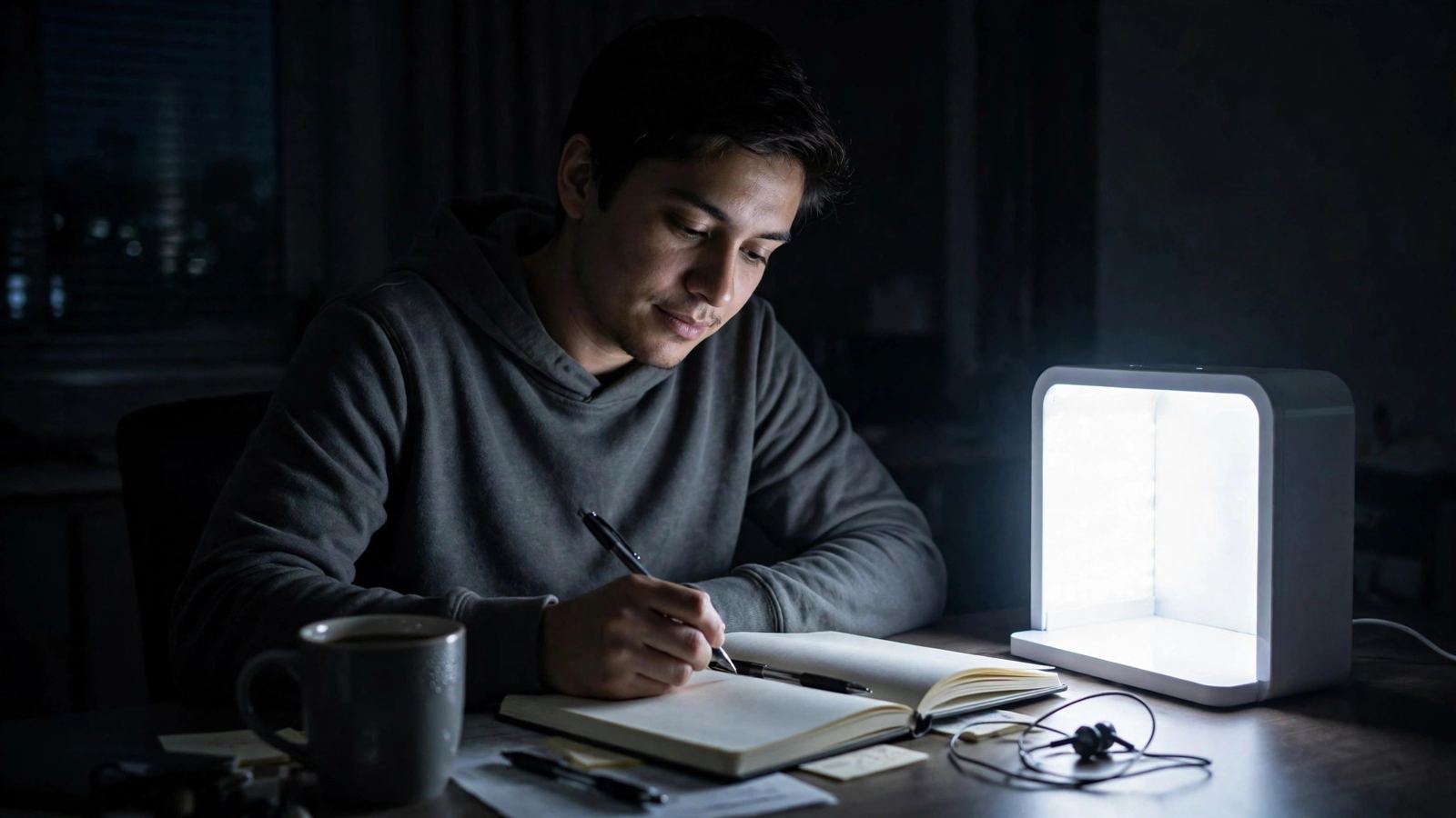 A night shift worker writing at a desk in a dark room beside a bright white light therapy lamp