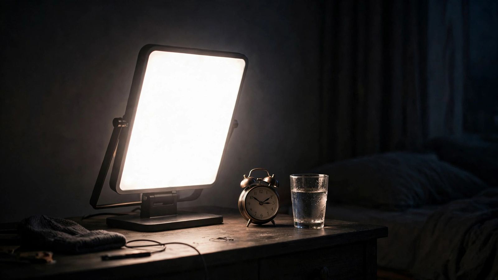 A bright light therapy lamp glowing on a nightstand in a dark bedroom beside an alarm clock