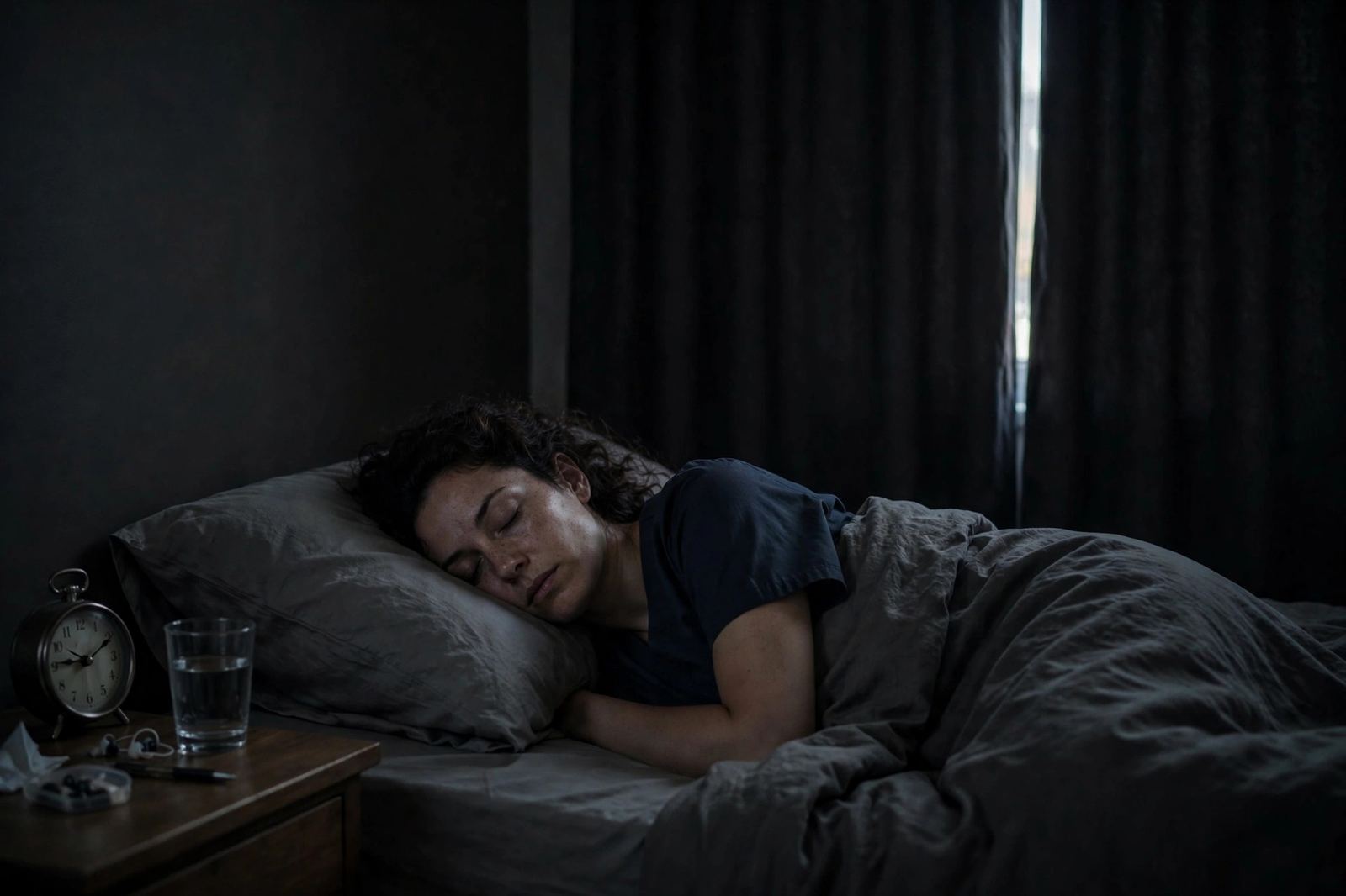 A night shift worker asleep during the day in a dark bedroom with blackout curtains drawn and a bedside alarm clock