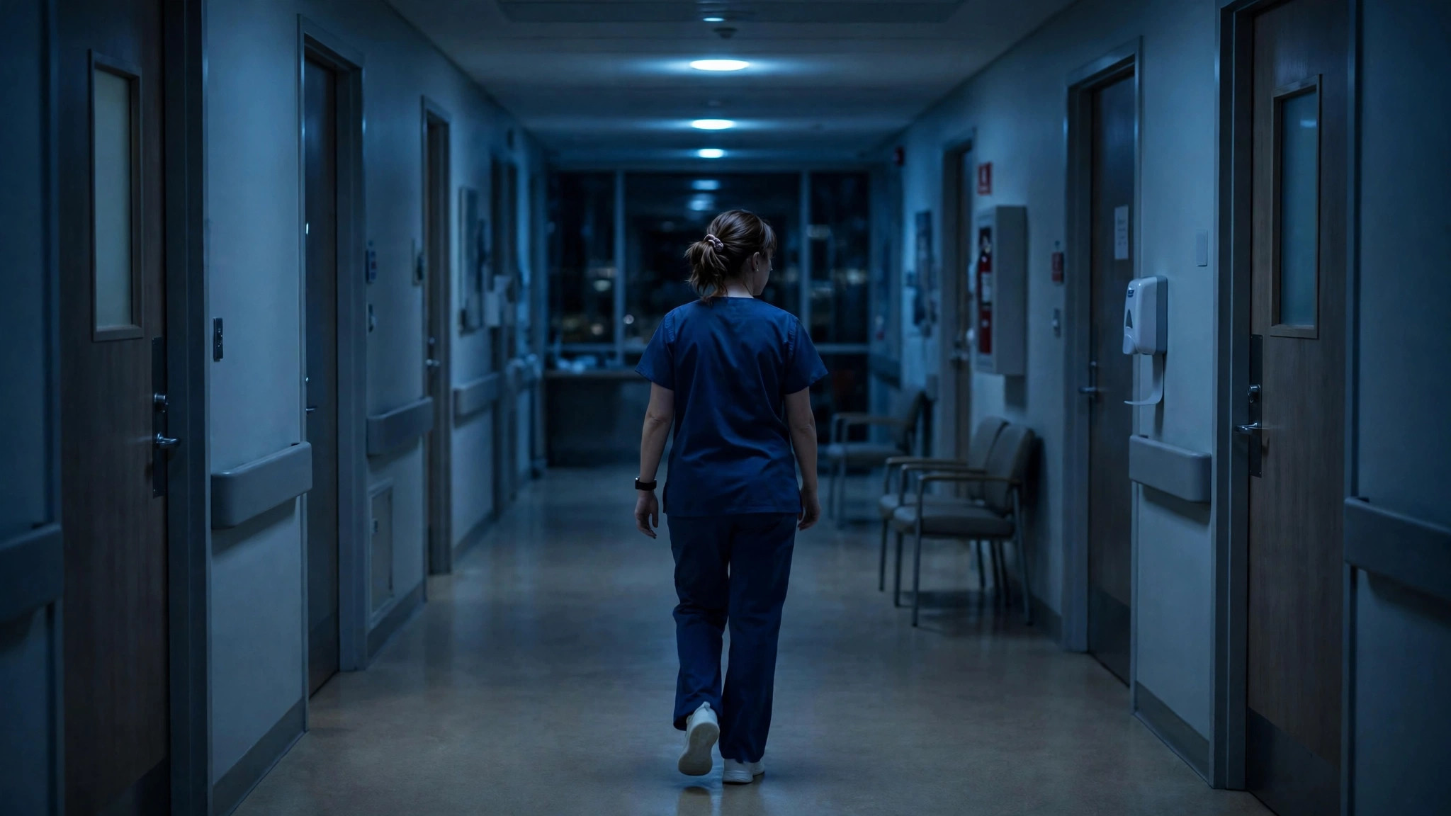 A nurse walking a dim hospital corridor in the middle of a night shift