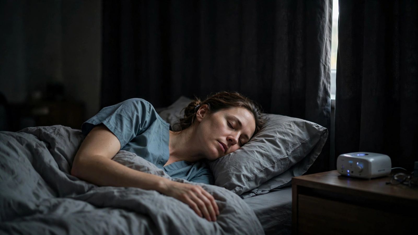 A nurse in scrubs sleeping in a dark daytime bedroom, with a white noise machine glowing on the nightstand