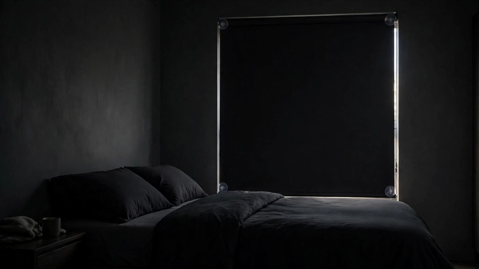 A dark bedroom in daytime with a portable blackout blind held to the window by suction cups