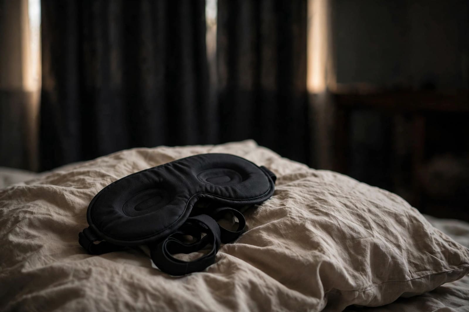 A black contoured sleep mask resting on a pillow in a dark daytime bedroom with daylight glowing faintly behind the curtains