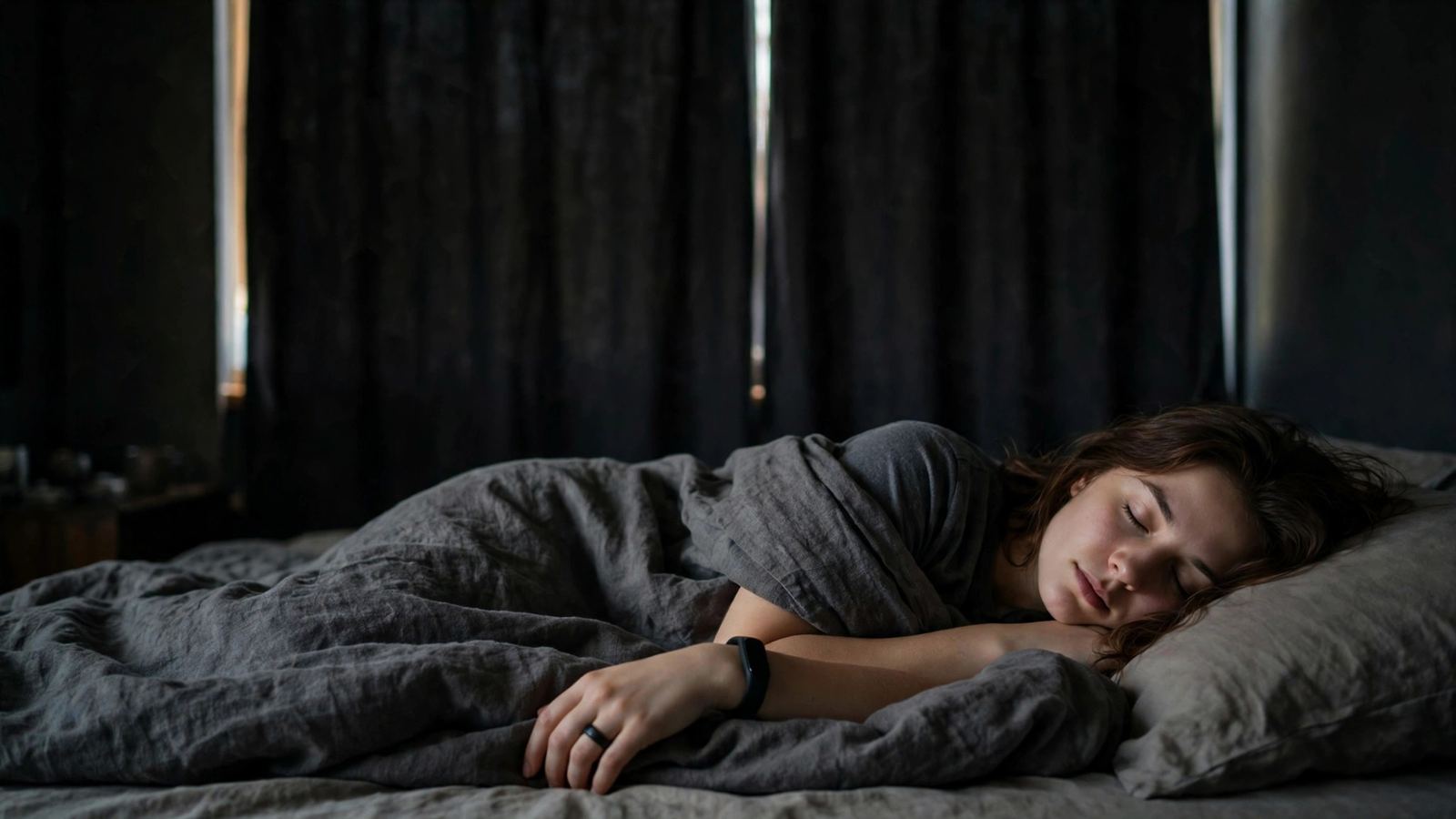 A person sleeping during the day in a dark bedroom with blackout curtains, wearing a fitness band on the wrist and a smart ring on the finger