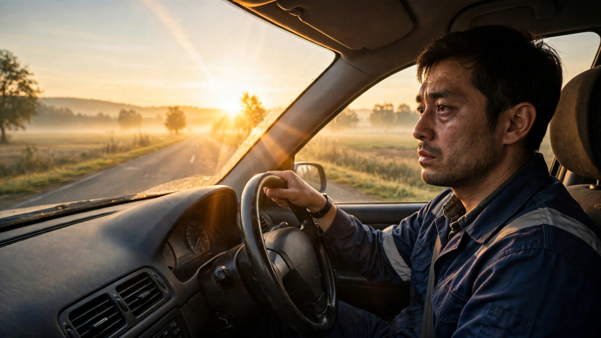 Driving home at sunrise after a night shift, golden light through the windshield