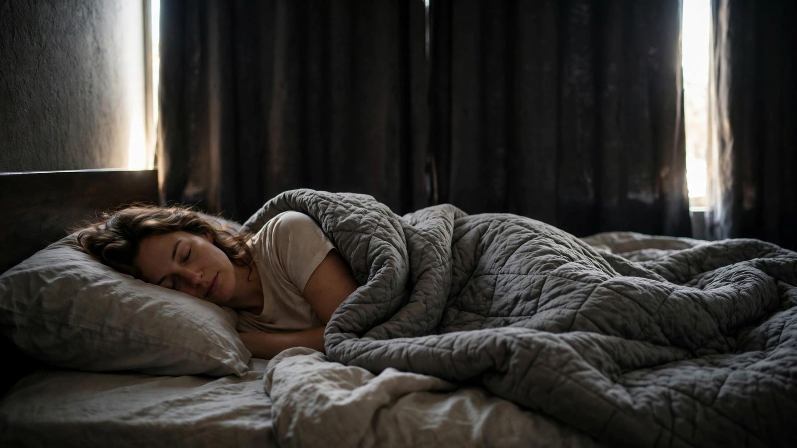 A person sleeping during the day under a thick grey quilted weighted blanket in a dark bedroom with blackout curtains