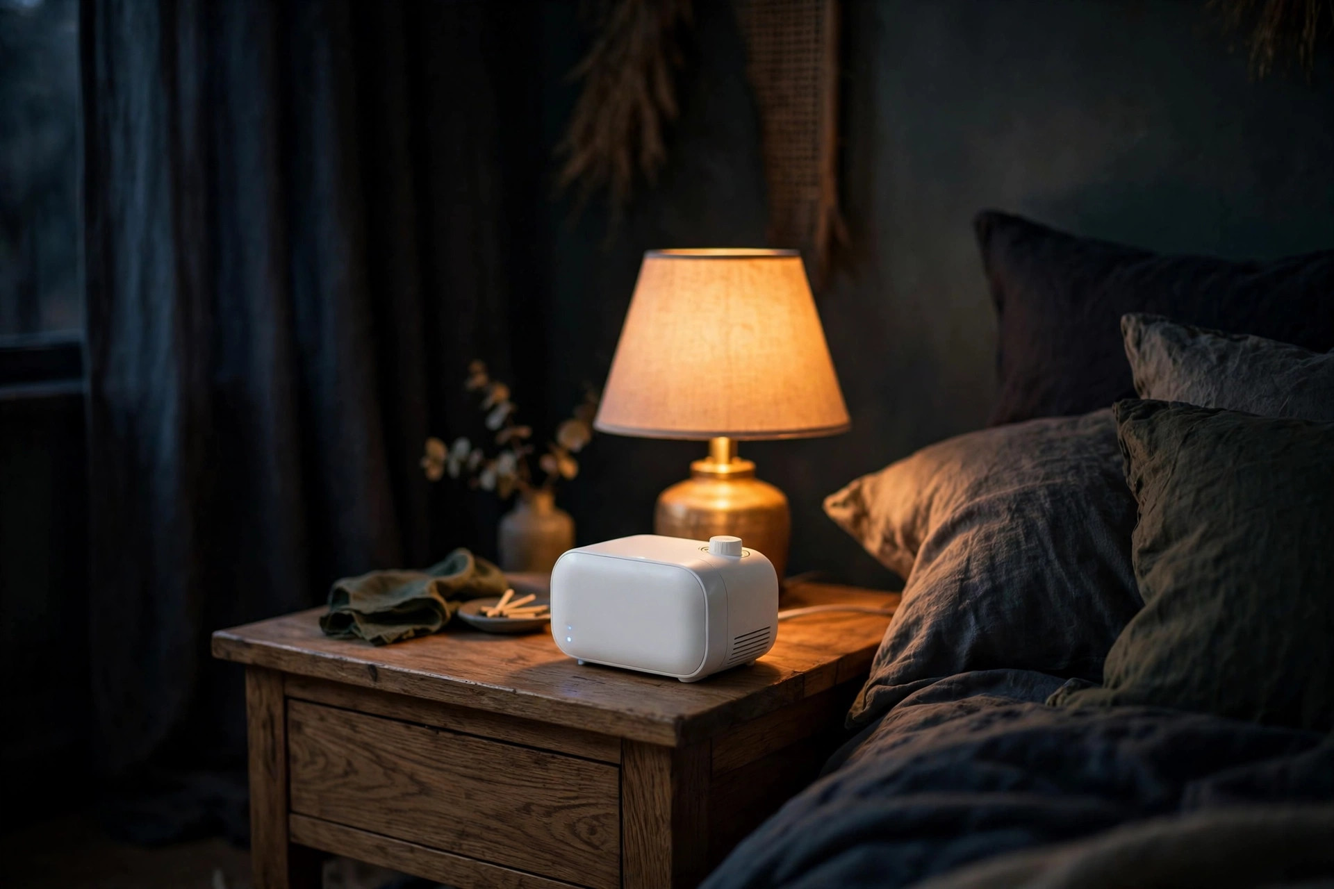 A white noise machine glowing softly on a nightstand in a dark bedroom
