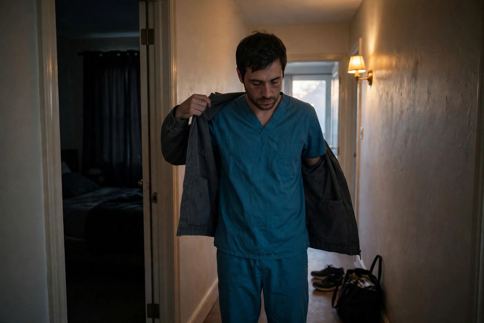 A tired night shift worker in scrubs arriving home at dawn, with a dark bedroom and blackout curtains behind him